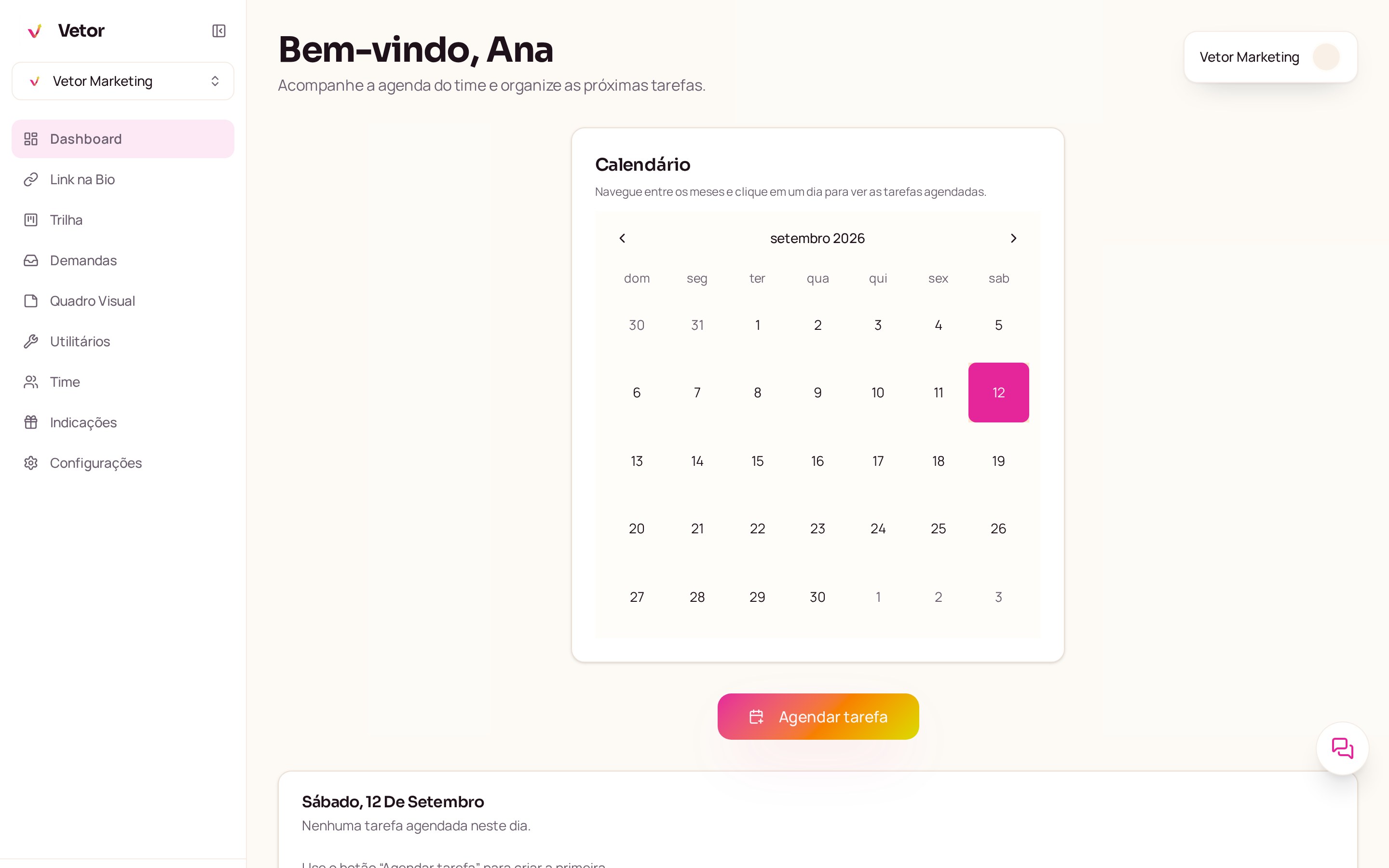 Painel do Vetor mostrando o calendário do time, avatares dos membros e as tarefas agendadas